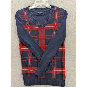 Tommy Hilfiger Sweater Womens XS Blue Red Plaid V Neck Knit Pullover Preppy